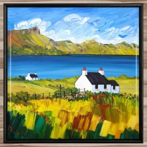 Staffin Bay Cottages, Skye, Framed Tile by Sheila Fowler