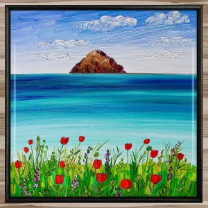 Ailsa Craig and Poppies, Framed Tile by Sheila Fowler