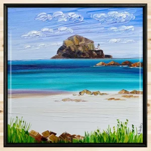 Bass Rock and Beach Grasses, Framed Tile by Sheila Fowler