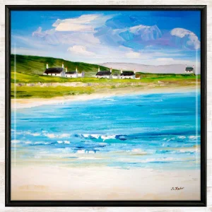 Beach Cottages, Tiree, Framed Tile by Sheila Fowler