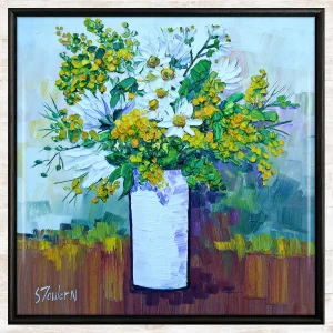 White Daisies with Gorse, Framed Tile by Sheila Fowler