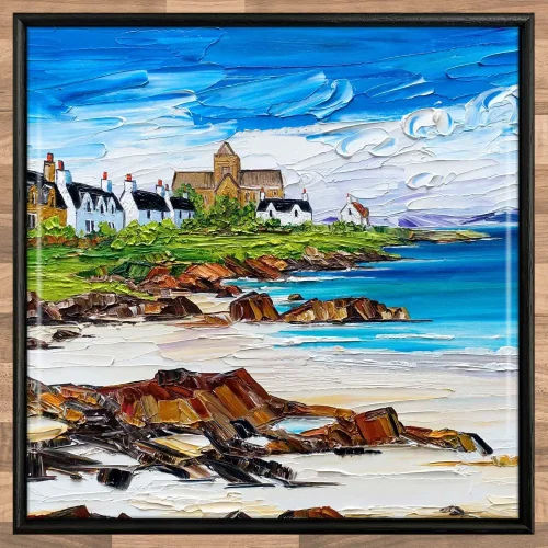 Abbey and Cottages, Iona, Framed Tile by Sheila Fowler
