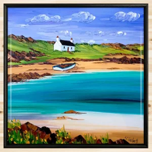 Cottage and Boat, Arisaig, Framed Tile by Sheila Fowler