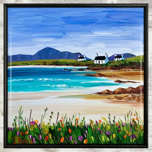 Summer Machair and Cottages, Harris, Framed Tile by Sheila Fowler