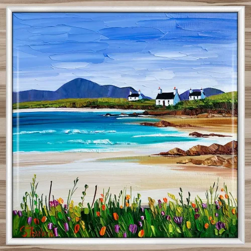 Summer Machair and Cottages, Harris, Framed Tile by Sheila Fowler - Image 2