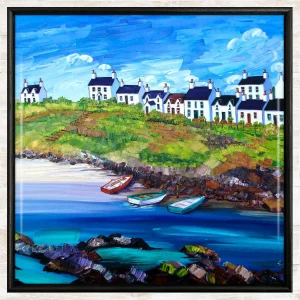 Three Boats, Portnahaven, Islay, Framed Tile by Sheila Fowler