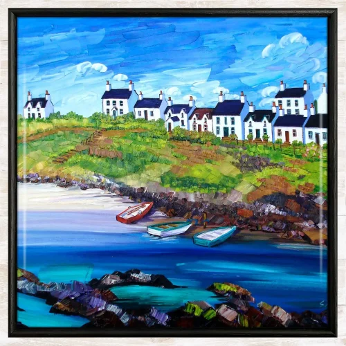 Three Boats, Portnahaven, Islay, Framed Tile by Sheila Fowler