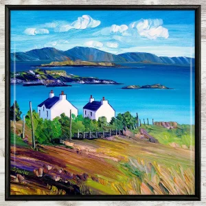 Cottages at Loch Dunvegan, Skye, Framed Tile by Sheila Fowler