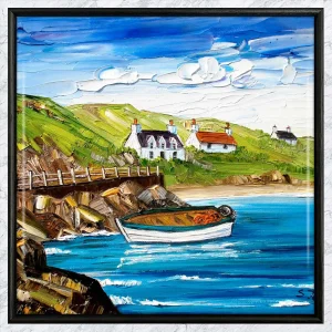 Cottages and Boat, Barra, Framed Tile by Sheila Fowler