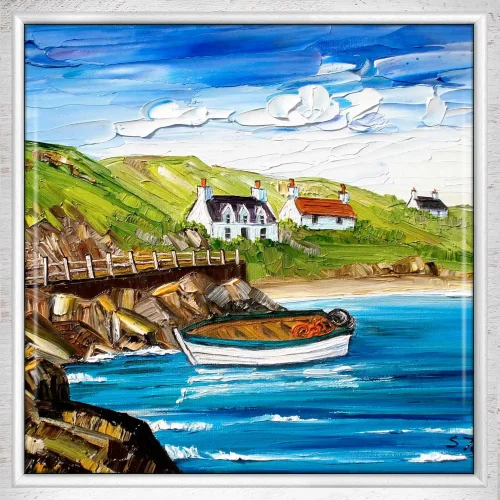 Cottages and Boat, Barra, Framed Tile by Sheila Fowler - Image 2
