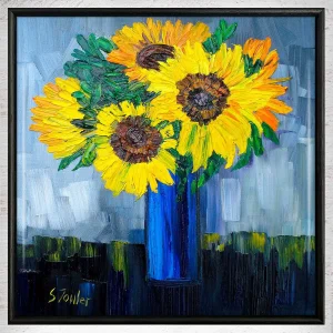 Sunflowers in Blue Vase, Framed Tile by Sheila Fowler