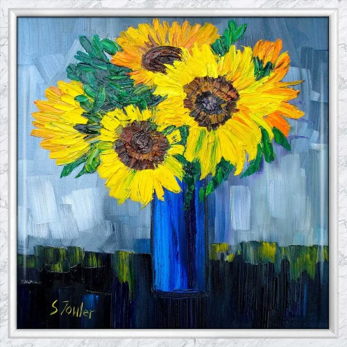 Sunflowers in Blue Vase, Framed Tile by Sheila Fowler - Image 2