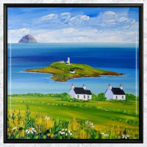 Ailsa Craig from Kildonan, Framed Tile by Sheila Fowler