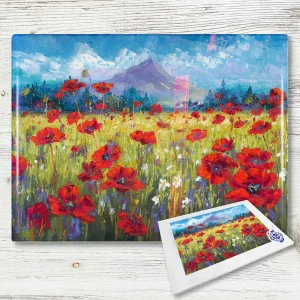 Poppy Field in the Lee of Goatfell, Arran, Glass Cutting Board by Jean Feeney
