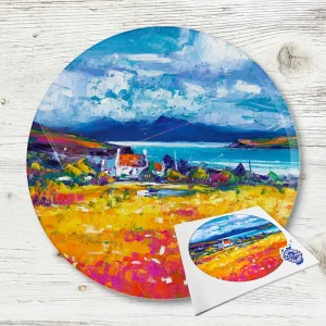 Croft at Duirinish with Cuillins, Glass Cutting Board by Jean Feeney
