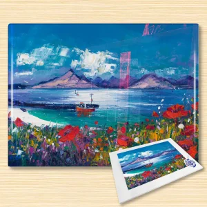 Poppies above Elgol Pier, Isle of Skye, Glass Cutting Board by Jean Feeney