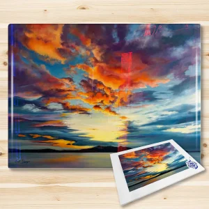 Orange Clouds Approaching Arran, Glass Cutting Board by Scott McGregor