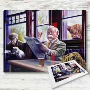 Colonel, Clyde and Two Coos, Glass Cutting Board by Scott McGregor