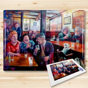 Speed Dating in the Anchor, Glass Cutting Board by Scott McGregor