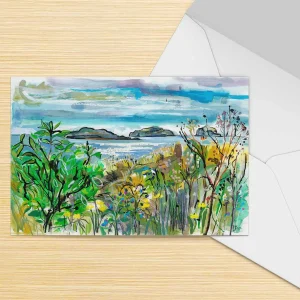 Yellowcraigs Beach, The Lamb, Craigleith Islands and the Bass Rock, Greeting Card by Clare Arbuthnott