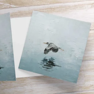 Heron over still waters, Greeting Card by Charlotte Strawbridge