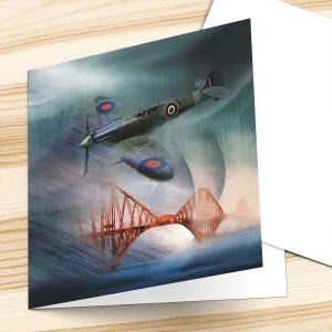 Spitfire Over Forth Bridge, Fife, Greeting Card by Esther Cohen
