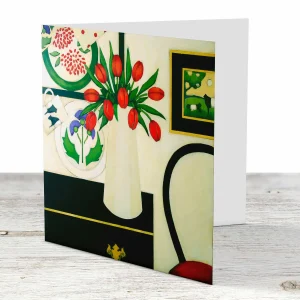 Red Tulips Red Chair, Greeting Card by Fiona Millar