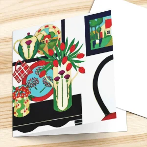 Red Tulips in a Thistle Vase, Greeting Card by Fiona Millar