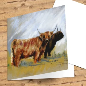 Two Highland cows, Greeting Card by Hilary Barker
