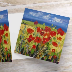 Corn Poppies with Blue Flowers, Greeting Card by Judith I Bridgland