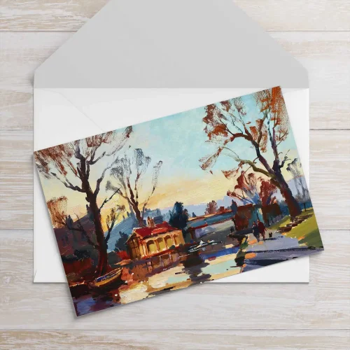 Skulling past the Boathouse, Polwarth, Greeting Card by Joseph Maxwell-Stuart