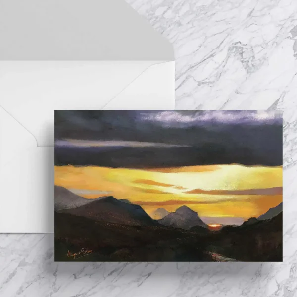 Dark Clouds over Cuillins, Greeting Card by Margaret Evans