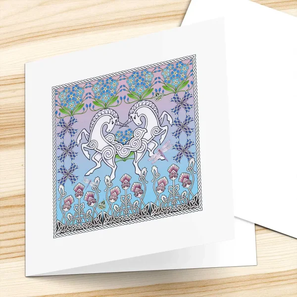 Celtic Unicorns, Greeting Card by Marjory Tait