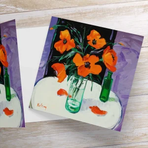 Poppies and a Green Bottle, Greeting Card by Robert Kelsey