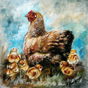 Protective Hen and Chicks, Giclée Art Print by Hilary Barker