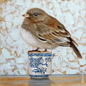 Junco on Teacup, Giclée Art Print by Ingrid Nilsson