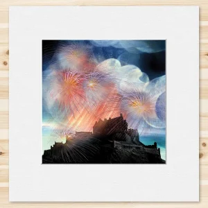 Festival Fireworks, Edinburgh Castle, Small Mounted Print by Esther Cohen