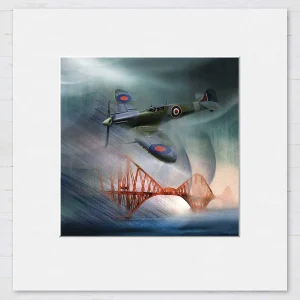Spitfire Over Forth Bridge, Fife, Small Mounted Print by Esther Cohen