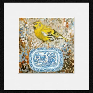 Siskin on Dish Greeting, Small Mounted Print by Ingrid Nilsson