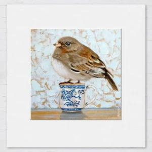 Junco on Teacup, Small Mounted Print by Ingrid Nilsson