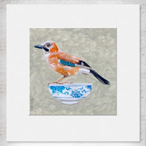 Jay on Lily Bowl, Small Mounted Print by Ingrid Nilsson