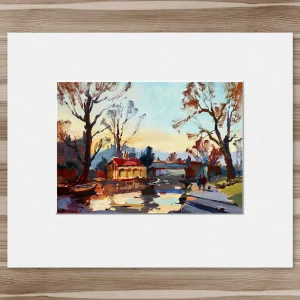 Skulling past the Boathouse, Polwarth, Small Mounted Print by Joseph Maxwell-Stuart