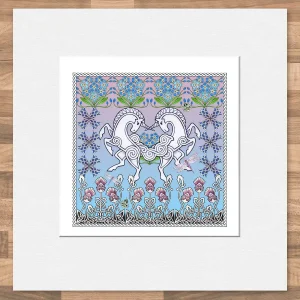 Celtic Unicorns, Small Mounted Print by Marjory Tait