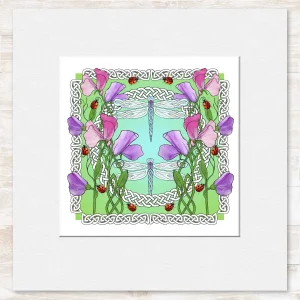 Sweetpeas and Ladybirds, Small Mounted Print by Marjory Tait