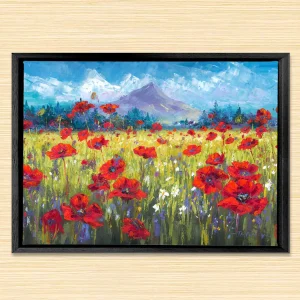 Poppy Field in the Lee of Goatfell, Arran, Framed Stretched Canvas by Jean Feeney