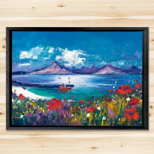 Poppies above Elgol Pier, Isle of Skye, Framed Stretched Canvas by Jean Feeney