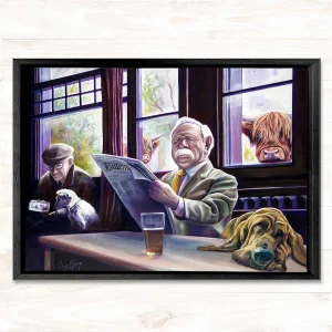 Colonel, Clyde and Two Coos, Framed Stretched Canvas by Scott McGregor